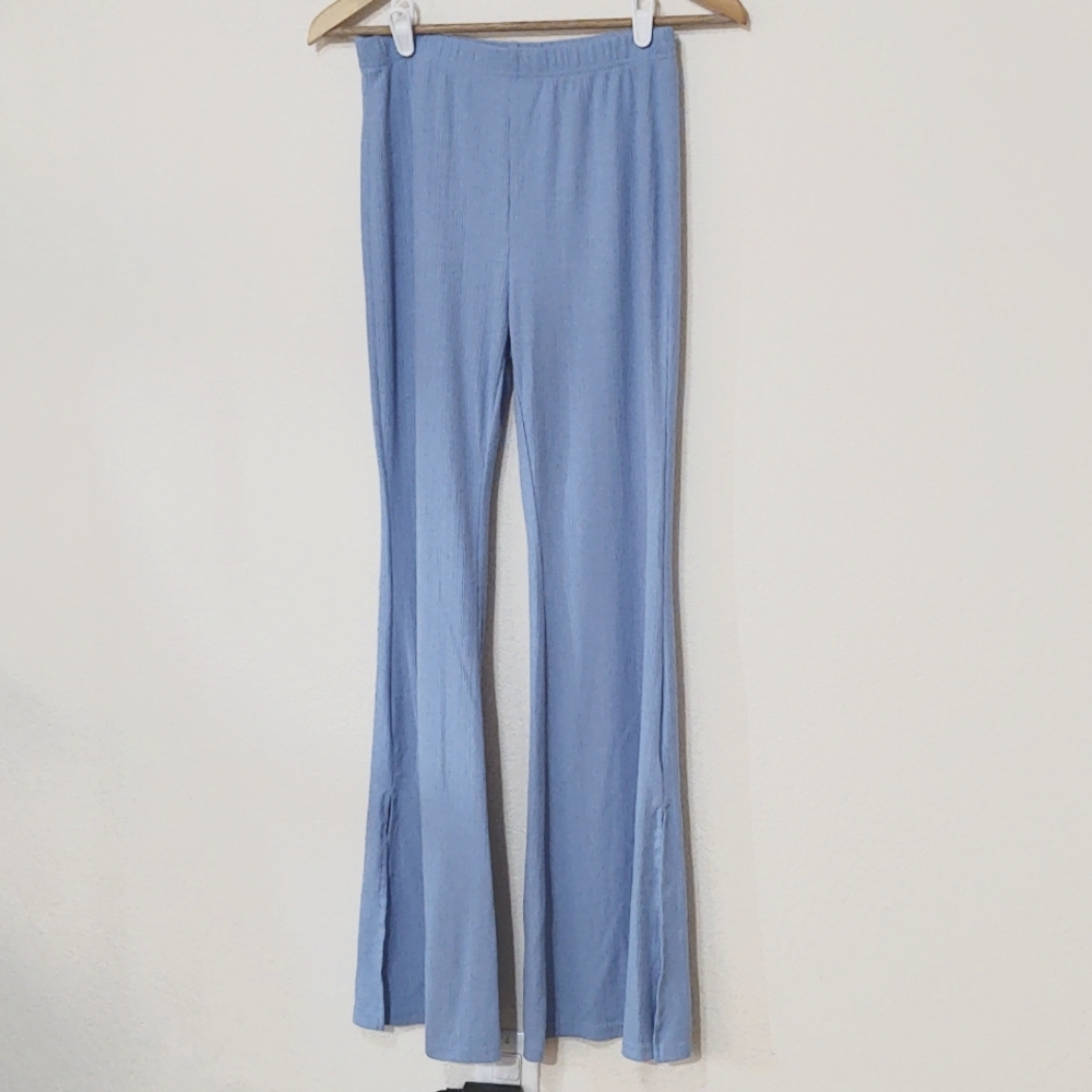 Shein light blue ribbed knit flare bell bottom pants